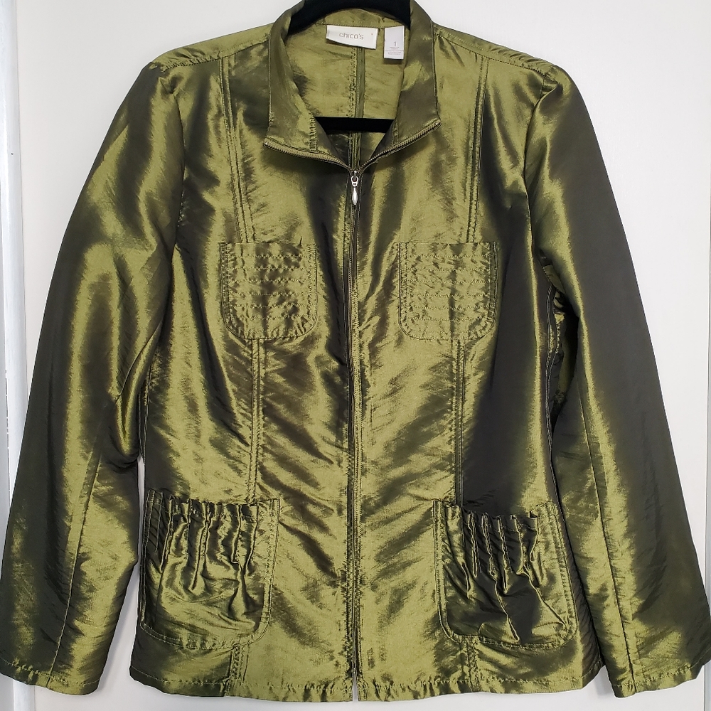 Chico's Women’s Metallic Olive Green Zipper Jacket Blazer With Pockets 1